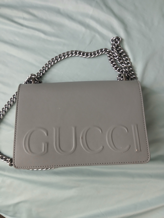 Gucci Handbags - Gucci Gray Embossed Leather Shoulder Bag with Chain Strap